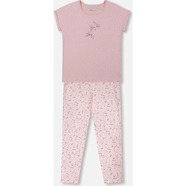 Women'S Organic Cotton Two-Piece Pajama Set, Small Pink Flowers On Pale Pink Background