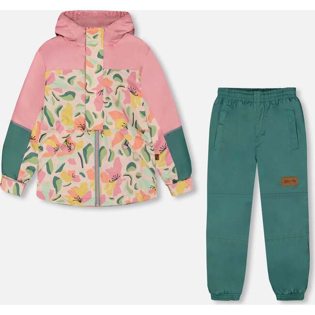 Two-Piece Mid-Season Outerwear Set, Sage, Pink, And Flowers On Beige
