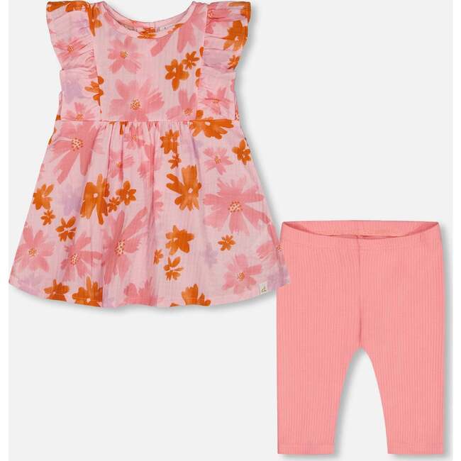 Tunic And Solid Leggings Set, Pink And Coral Flowers