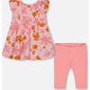 Tunic And Solid Leggings Set, Pink And Coral Flowers - Mixed Apparel Set - 1 - thumbnail