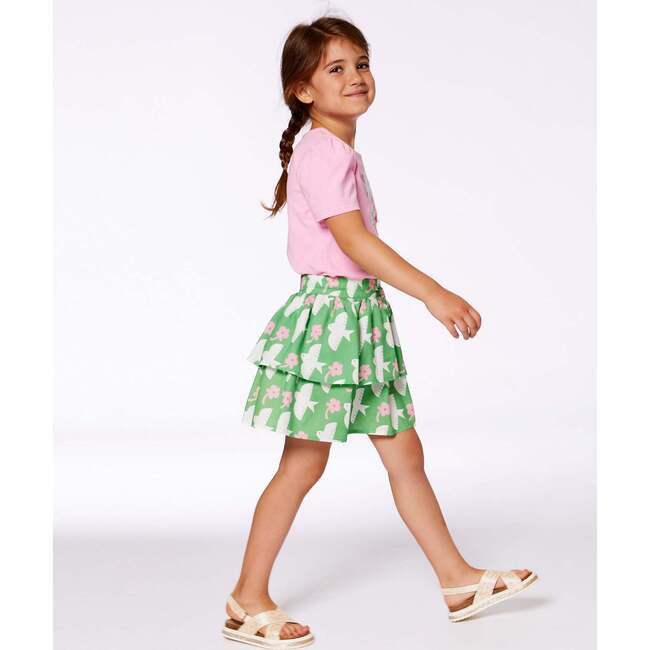 Tiered Elastic Waist Skirt, Green With White And Pink Bird - Skirts - 2