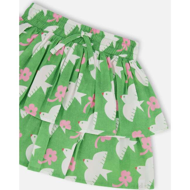 Tiered Elastic Waist Skirt, Green With White And Pink Bird - Skirts - 4