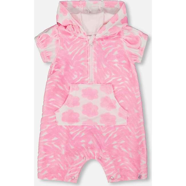 Terry Romper With Hood, Vibrant Pink And White