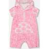 Terry Romper With Hood, Vibrant Pink And White - Rompers - 1 - thumbnail