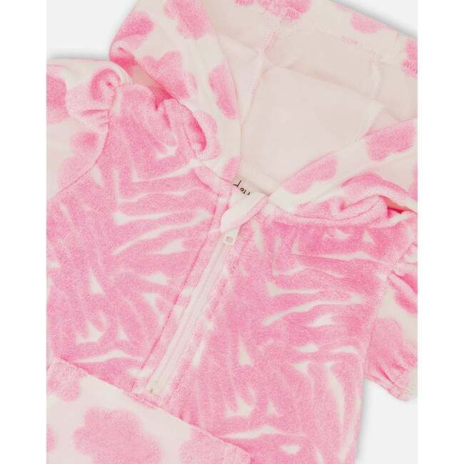 Terry Romper With Hood, Vibrant Pink And White - Rompers - 3