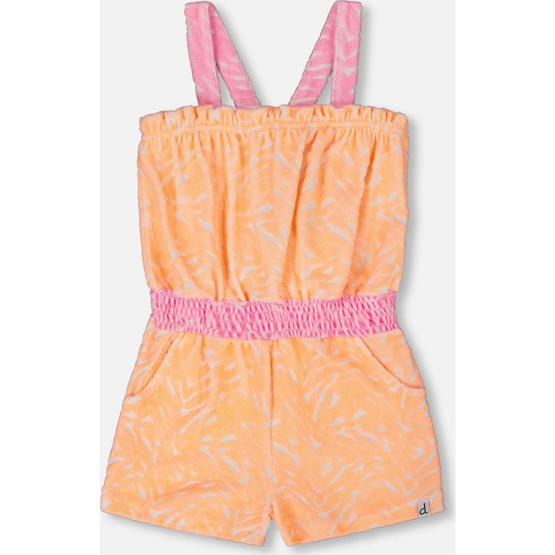 Terry Cloth Romper, Vibrant Orange, White, And Mauve - Rompers - 1