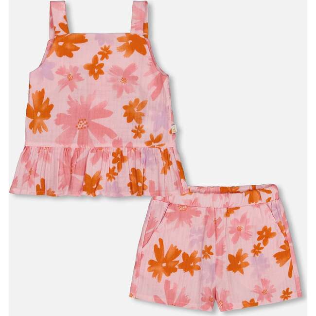 Tank Top And Short Set With Frills, Pink And Coral Flowers