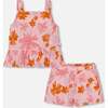 Tank Top And Short Set With Frills, Pink And Coral Flowers - Mixed Apparel Set - 1 - thumbnail