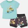 Two-Piece Top And Short Set, Monkey On Navy And Turquoise Moped - Mixed Apparel Set - 1 - thumbnail