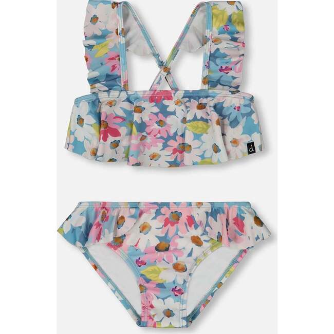 Two-Piece Swimsuit With Frills, White, Pink, And Green Flowers