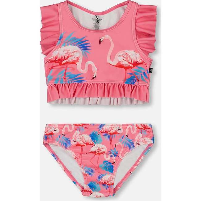 Two-Piece Swimsuit With Frills, Candy Pink And Pink Flamingo
