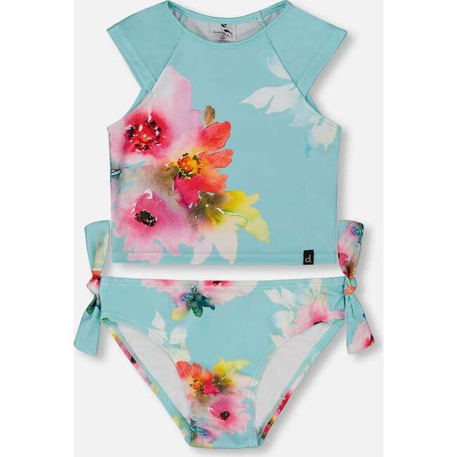 Two-Piece Swimsuit, Turquoise And Pink Flowers - Two Pieces - 1