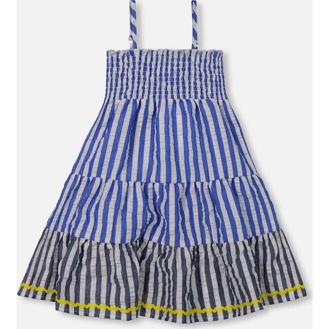 Smocked Seersucker Peasant Dress, Blue And White Striped