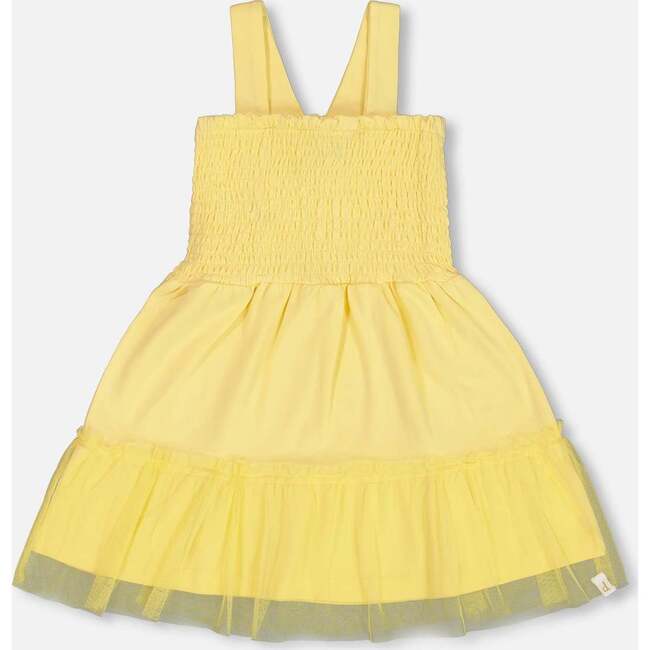 Smocked Organic Cotton Dress With Mesh Frill, Yellow