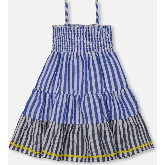 Smocked Seersucker Peasant Dress, Blue And White Striped - Dresses - 3