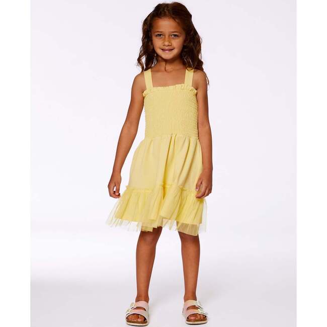 Smocked Organic Cotton Dress With Mesh Frill, Yellow - Dresses - 2