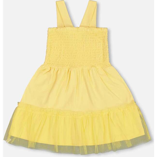 Smocked Organic Cotton Dress With Mesh Frill, Yellow - Dresses - 3