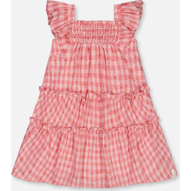 Smocked Layered Dress With Frill Sleeve, Checked Pink