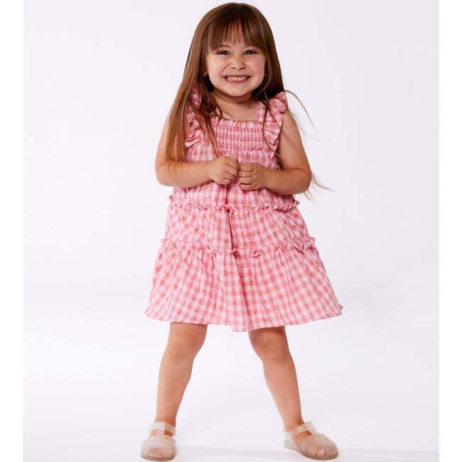 Smocked Layered Dress With Frill Sleeve, Checked Pink - Dresses - 3