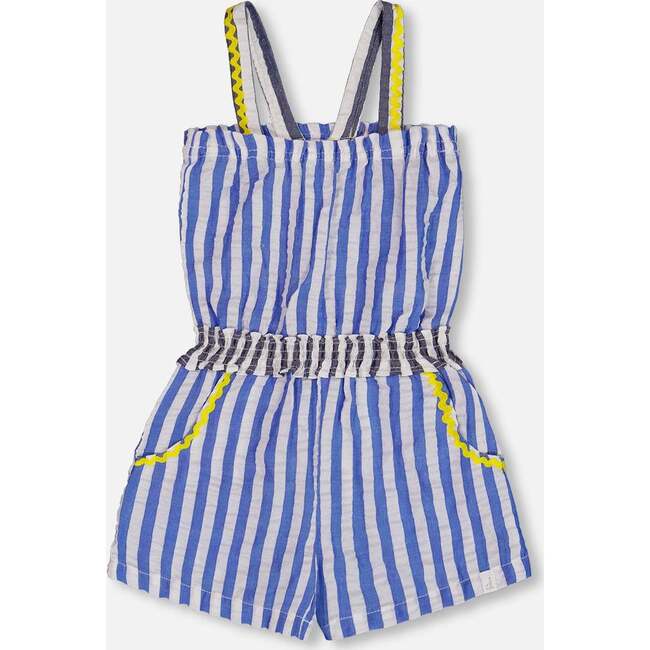 Sleeveless Seersucker Romper, Blue And White Striped