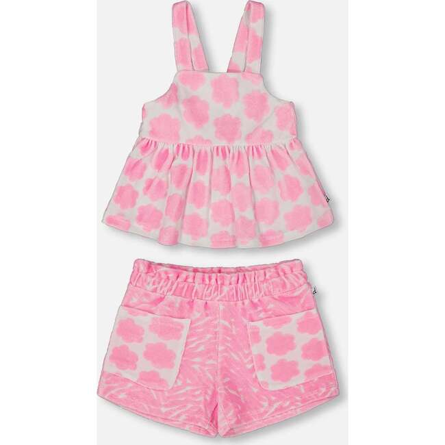 Terry Tank Top And Shorts Set, Vibrant Pink And White