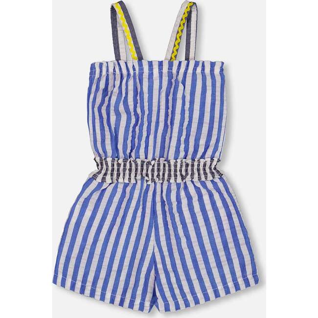 Sleeveless Seersucker Romper, Blue And White Striped - Rompers - 3