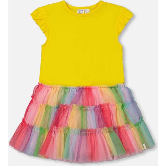 Short Sleeve Dress With Ruffle Tulle Skirt, Multicolored