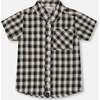 Short Sleeve Button Down Shirt, Black And Beige Plaid - T-Shirts - 1 - thumbnail