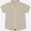 Short Sleeve Button Down Shirt, Beige And Sage Plaid - T-Shirts - 1 - thumbnail