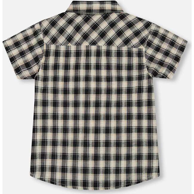 Short Sleeve Button Down Shirt, Black And Beige Plaid - T-Shirts - 5