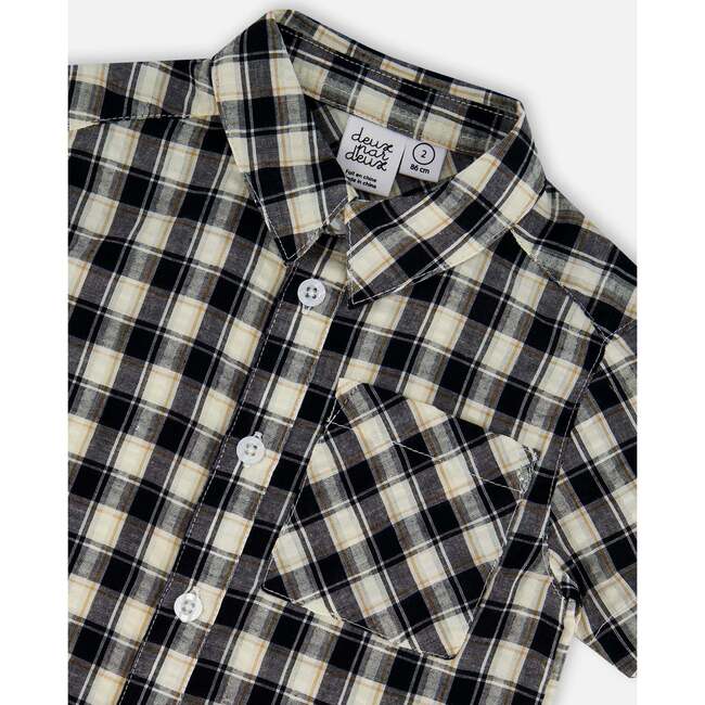 Short Sleeve Button Down Shirt, Black And Beige Plaid - T-Shirts - 6