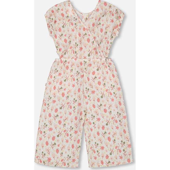 Seersucker Jumpsuit With Cut Outs, Pink Flowers On Cream Background