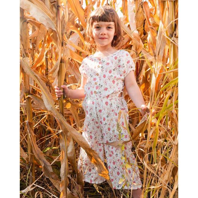 Seersucker Jumpsuit With Cut Outs, Pink Flowers On Cream Background - Rompers - 2
