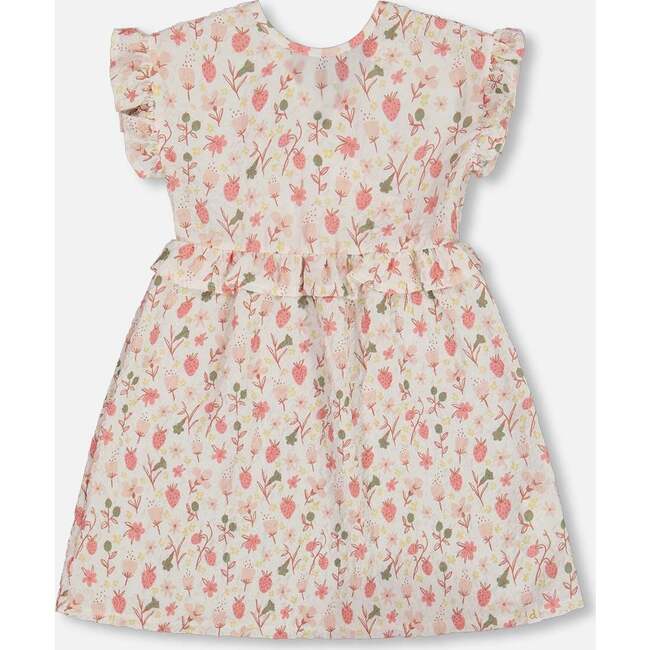 Seersucker Dress With Frill, Pink Flowers On Cream Background