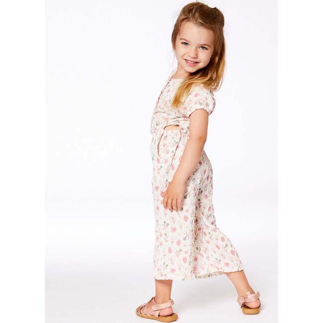 Seersucker Jumpsuit With Cut Outs, Pink Flowers On Cream Background - Rompers - 4