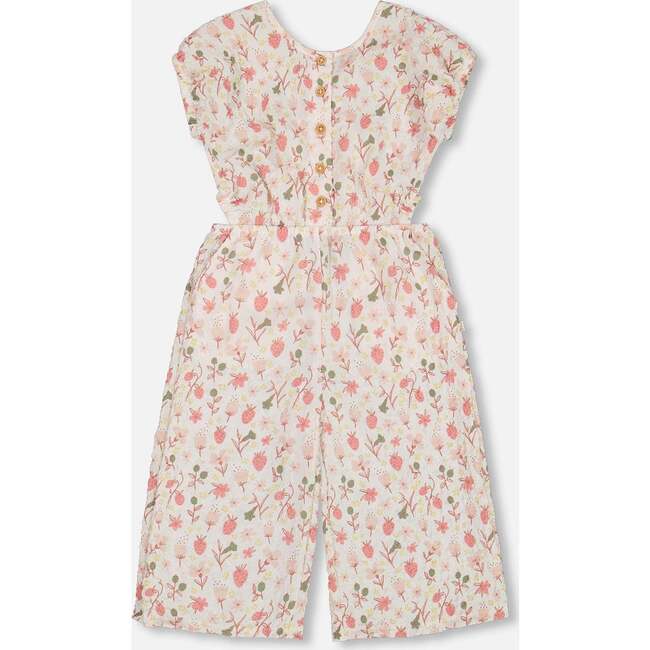 Seersucker Jumpsuit With Cut Outs, Pink Flowers On Cream Background - Rompers - 5