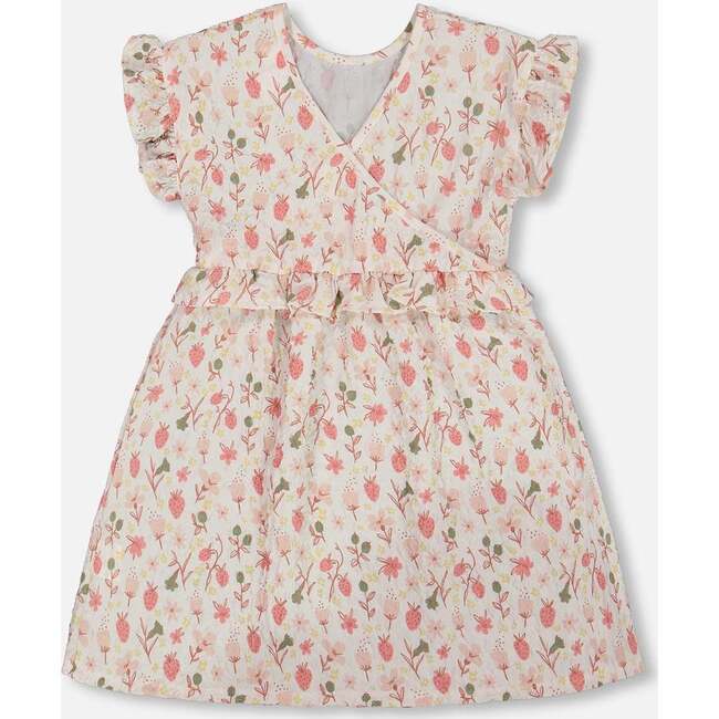 Seersucker Dress With Frill, Pink Flowers On Cream Background - Dresses - 3