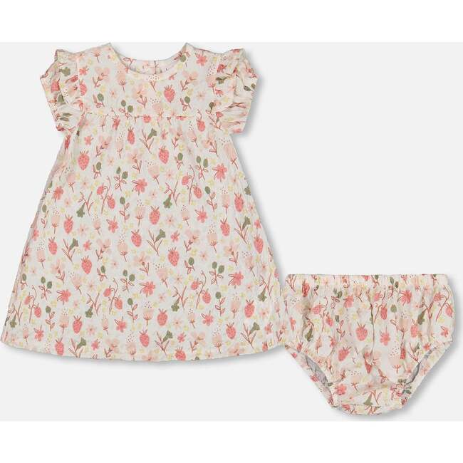 Seersucker Dress And Bloomer Set, Pink Flowers On Cream Background