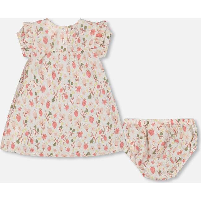 Seersucker Dress And Bloomer Set, Pink Flowers On Cream Background - Dresses - 2