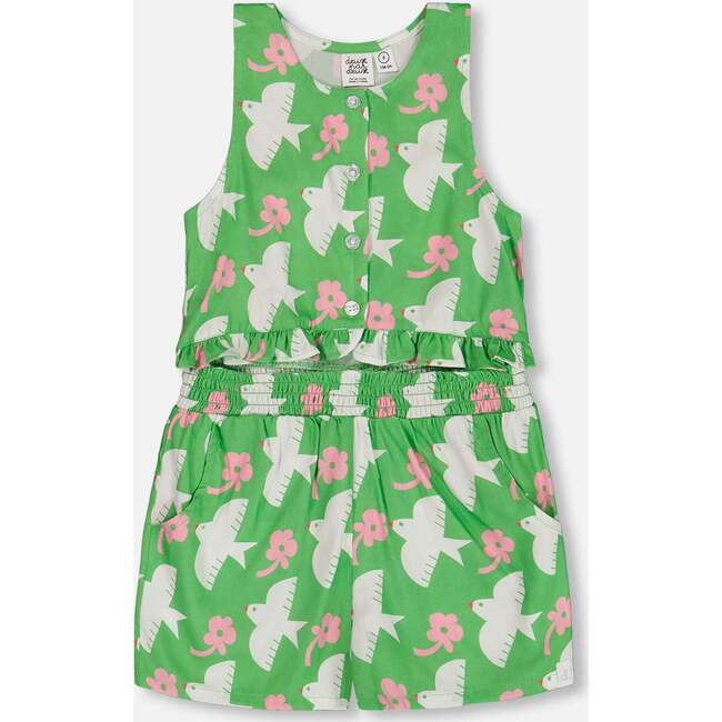 Romper With Frills, Green With White And Pink Bird