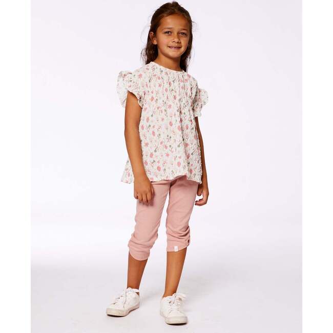 Seersucker Blouse With Frills, Pink Flowers On Cream Background - Blouses - 2