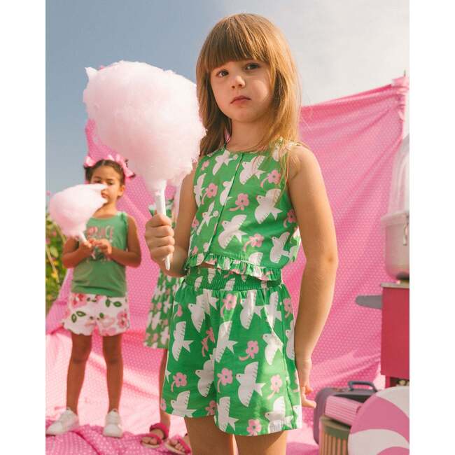 Romper With Frills, Green With White And Pink Bird - Rompers - 2