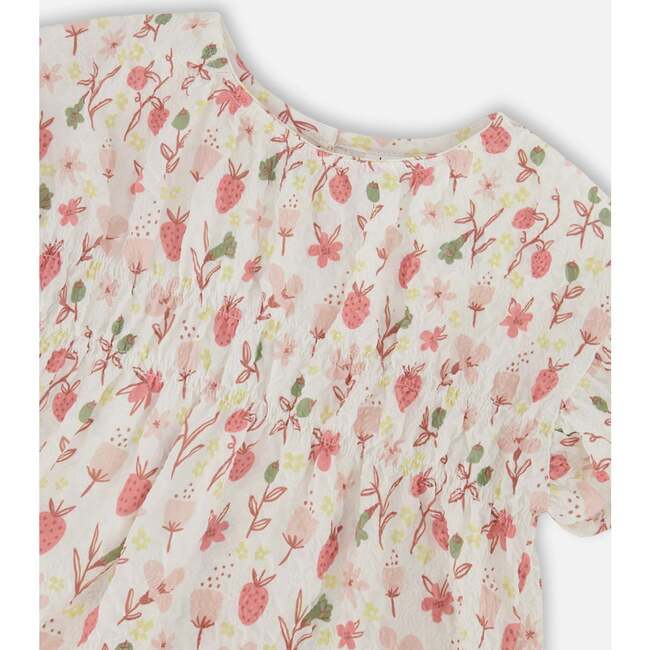 Seersucker Blouse With Frills, Pink Flowers On Cream Background - Blouses - 4