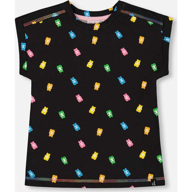 Rolled Sleeve Tee With Print, Black And Multicolored Gummies