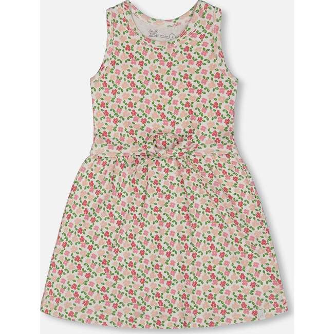 Ribbed Dress With Waist Tie, Small Flowers On White Background