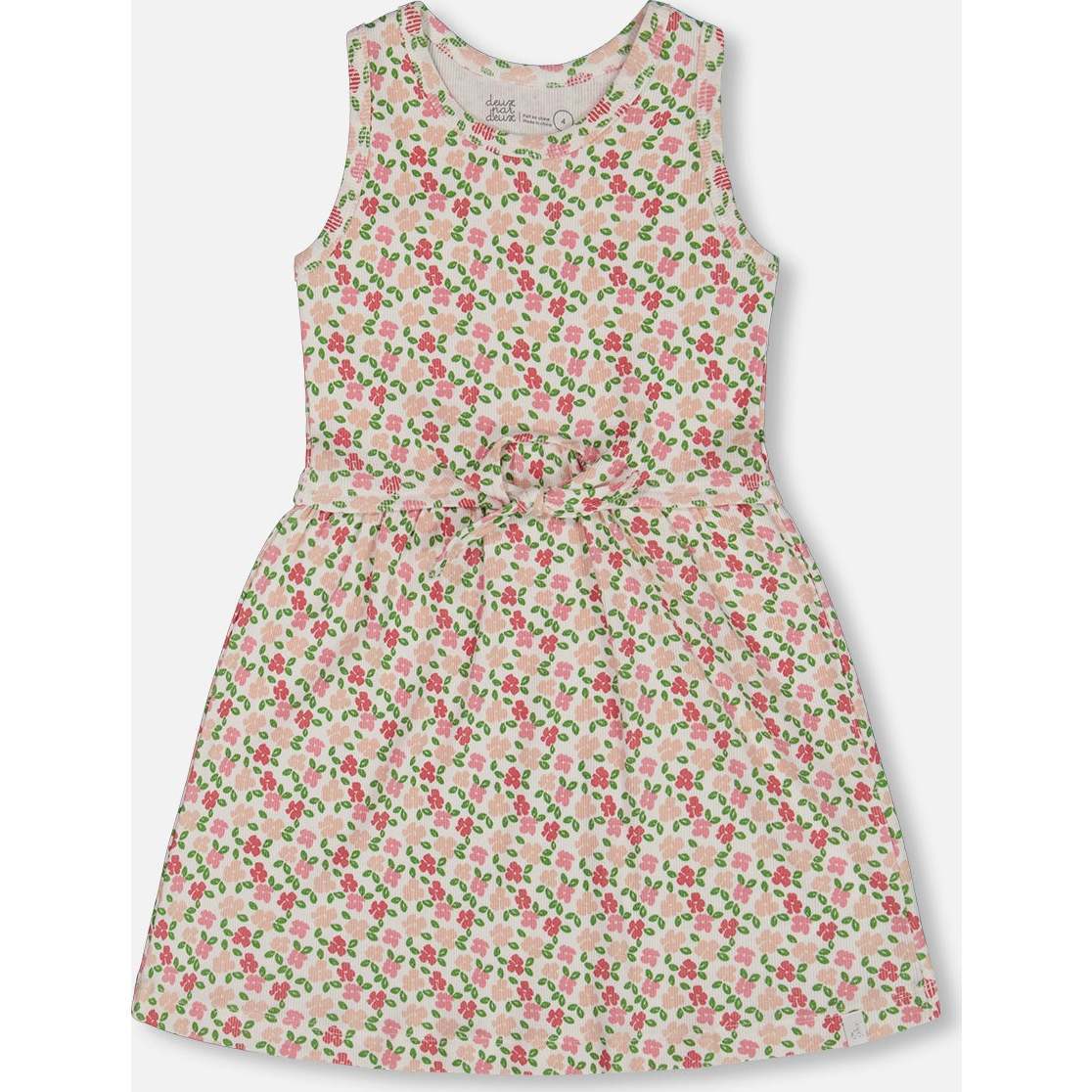 Ribbed Dress With Waist Tie, Small Flowers On White Background - Dresses - 1