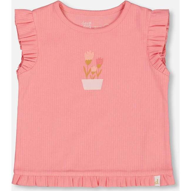 Rib Tank Top With Frills, Coral Pink