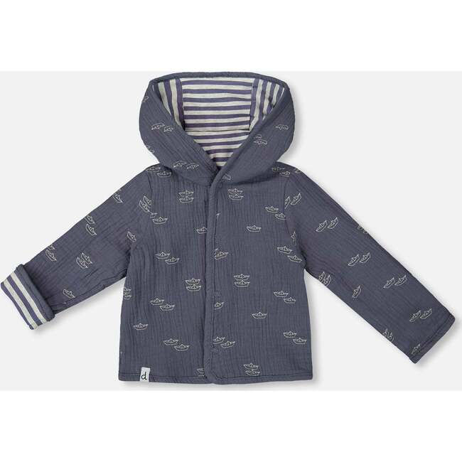 Reversible Organic Cotton Hooded Jacket, Navy Striped Blue