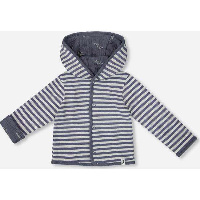 Reversible Organic Cotton Hooded Jacket, Navy Striped Blue - Jackets - 4