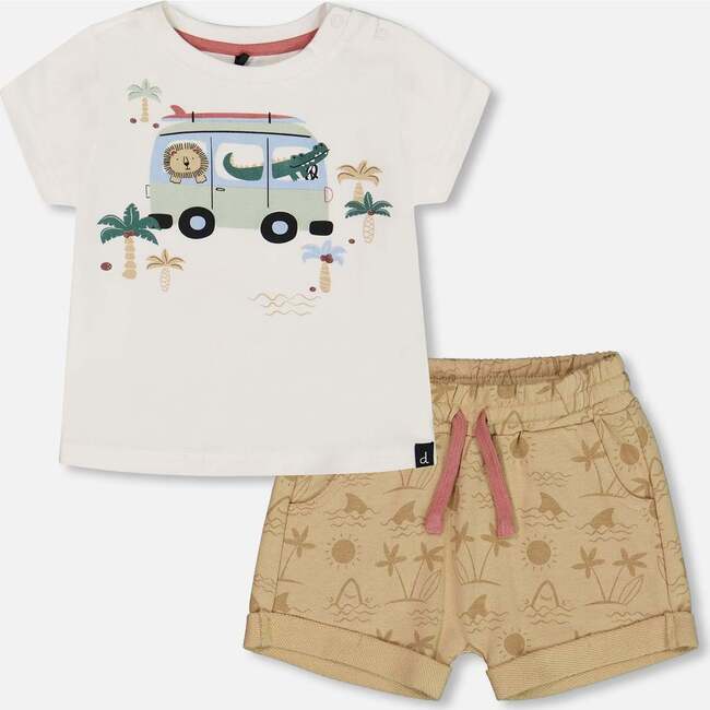 Short Sleeve Top And French Terry Short Set, Beige With Palm Trees And Blue Truck